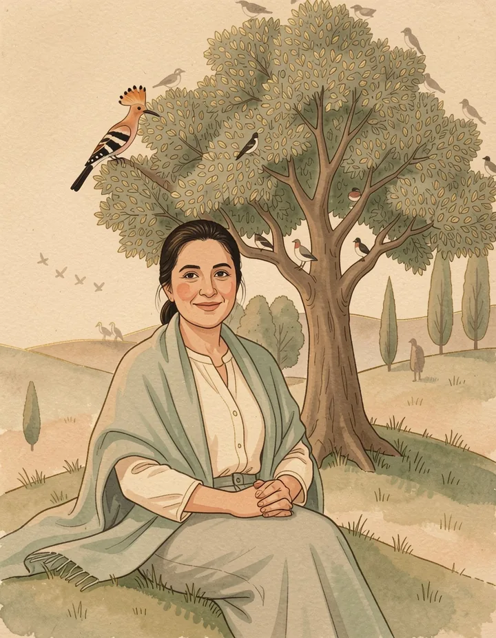 A painting of Sheida Yousefi sitting beneath the great tree, with the hoopoe in its branches