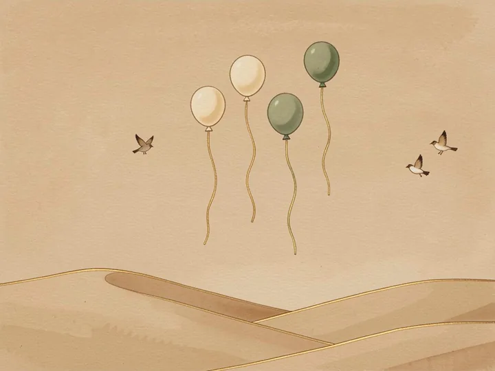 Balloons rising over the hills, with a few birds beside them