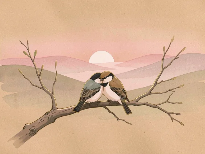 Two small birds on a branch at dawn, one sheltering the other under its wing