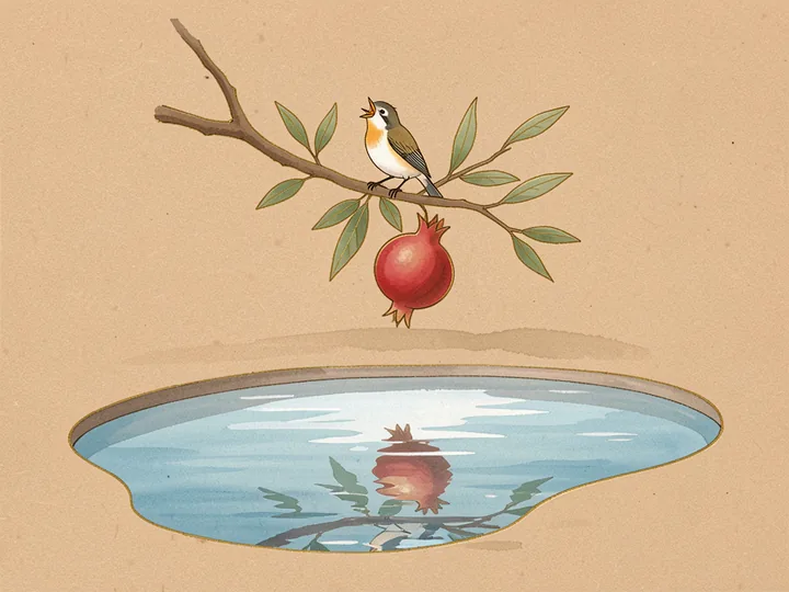 A bird singing on a pomegranate branch above a still pool