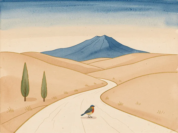 A small bird at the start of a winding road to a far blue mountain