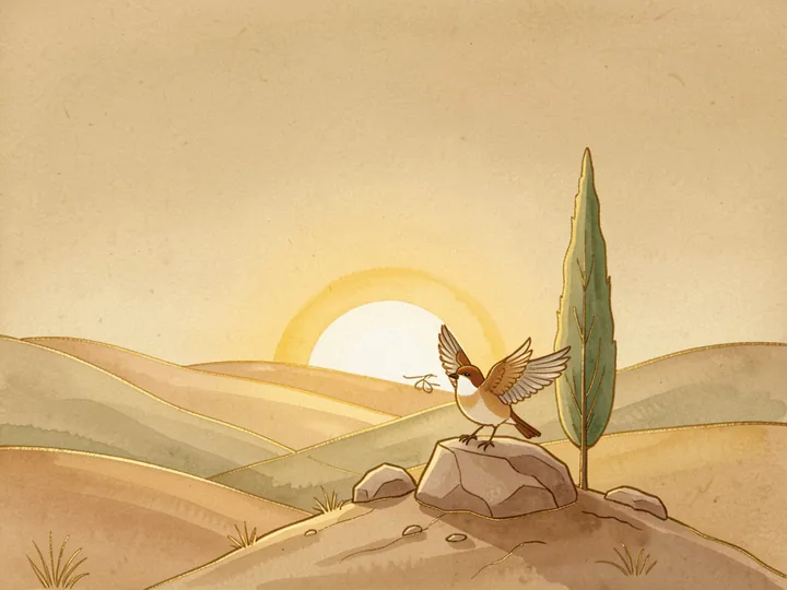 A small bird with open wings, greeting the morning sun over the hills